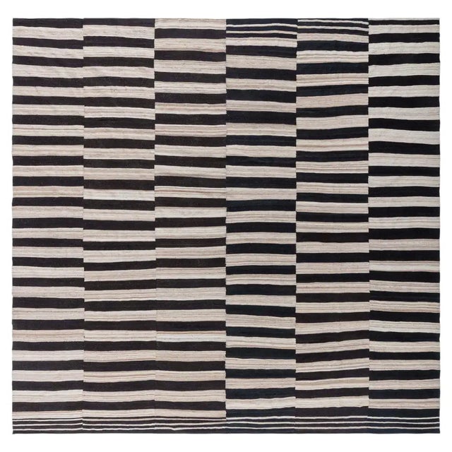Doris Leslie Blau Vintage Striped Ivory And Charcoal Hand-Knotted Wool Rug For Sale