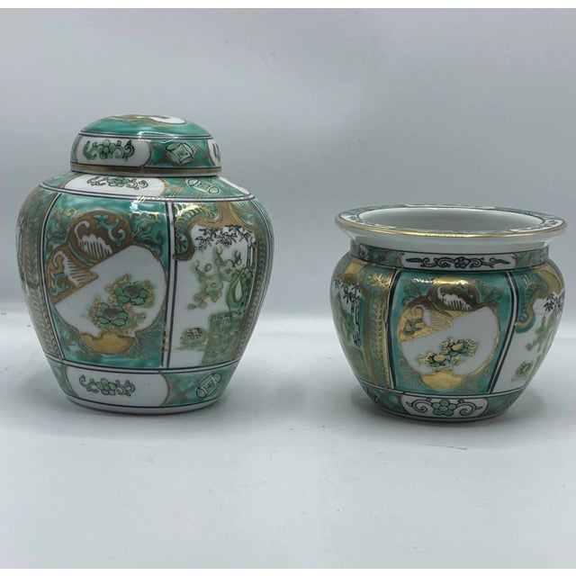 Imari Porcelain Vivid Emerald & Gold Imari Porcelain Set – Hand-Painted Japanese Vintage For Sale - Image 4 of 8