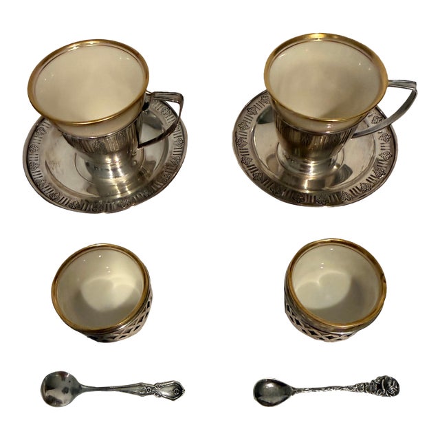 Early 20th Century Lenox Demitasse Cups in Sterling Holders With Pair of Lenox Salt Servers in Sterling Holders - 12 pcs For Sale