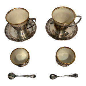 Early 20th Century Lenox Demitasse Cups in Sterling Holders With Pair of Lenox Salt Servers in Sterling Holders - 12 pcs