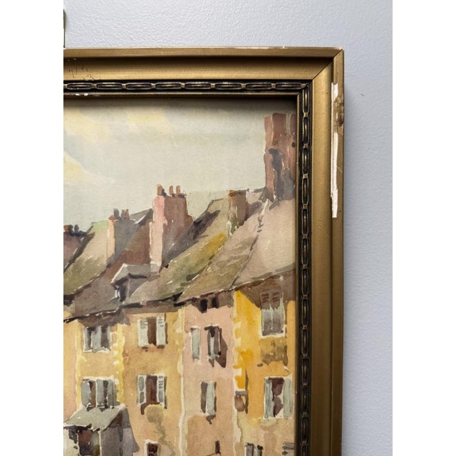 Glass 1930s French Watercolor of Sun-Drenched Houses in Period Gilt Frame For Sale - Image 7 of 12