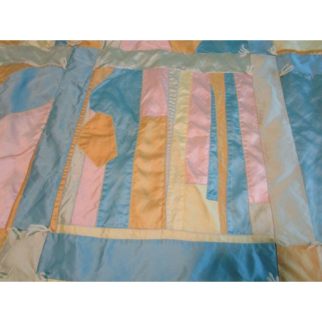 Vintage 60's Satin Crazy Quilt 15 Blocks Hand Tied Long Twin Percale Back Guc For Sale - Image 9 of 11