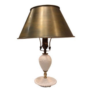 Vintage Hobnail Milk Glass Table Lamp With Antique Brass Shade For Sale