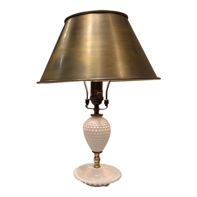 Vintage Hobnail Milk Glass Table Lamp With Antique Brass Shade For Sale