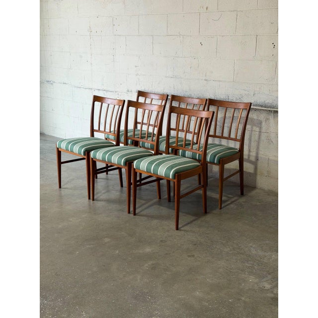 Mid-Century Modern Teak Slat Back Dining Chairs Set of 6 Newly Reupholstered Swedish Mid-Century Modern 1960s For Sale - Image 3 of 13