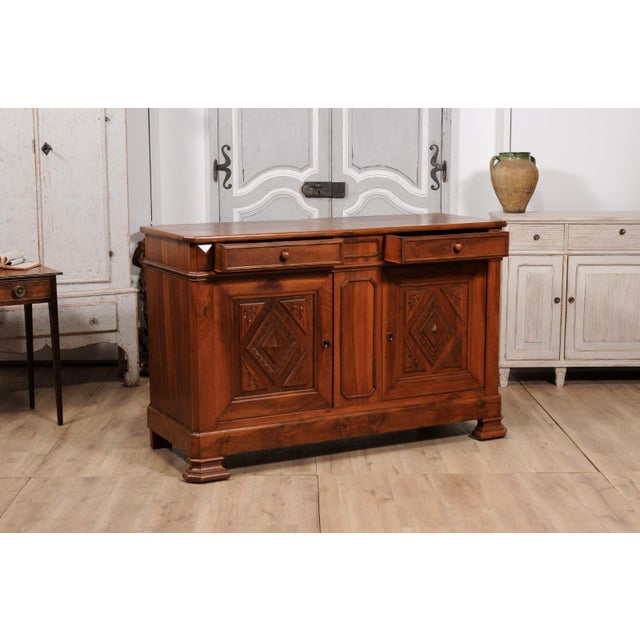 Wood Italian 19th Century Walnut Buffet with Carved Diamond and Floral Motifs For Sale - Image 7 of 12