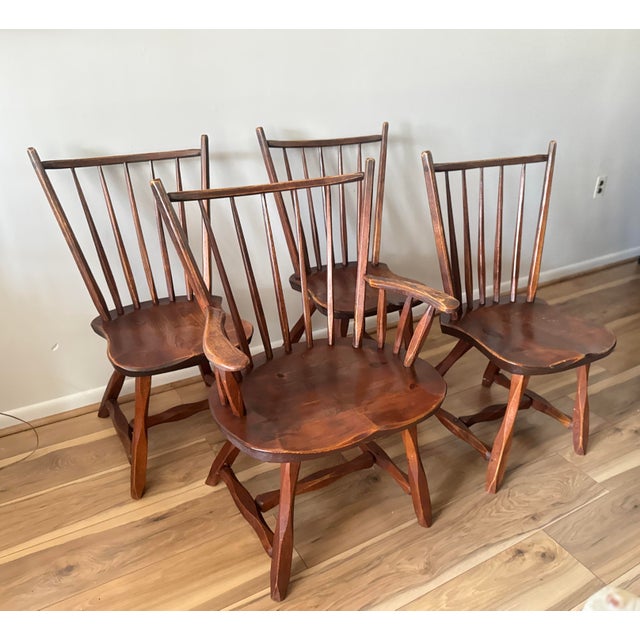 Huntley Furniture Co. Mid 20th Century Set of 4 Rustic Solid Wood Windsor Style Dining Chairs by Hunt Furniture For Sale - Image 4 of 11