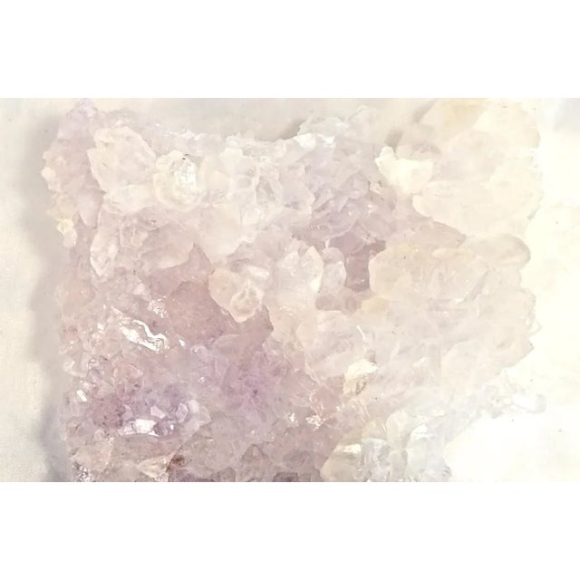 Natural vintage amethyst with large well-formed feathered translucent crystals in a custom cut wood stand. It looks great...