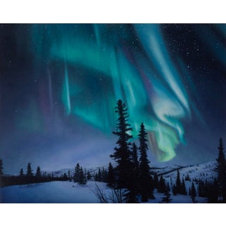 Witness to the Unknown by Austin Howlett | Oil on panel Northern lights over a snowy landscape. For Sale