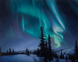 Witness to the Unknown by Austin Howlett | Oil on panel Northern lights over a snowy landscape.