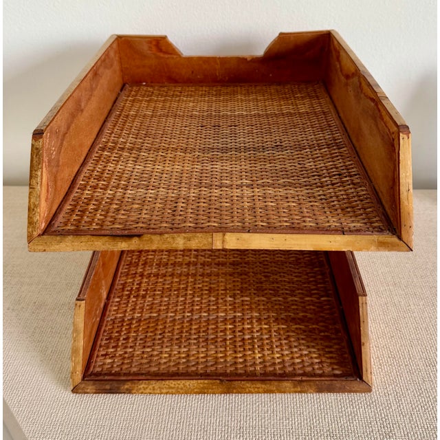 Mid 20th Century Bamboo Woven Rattan Tiered Desk Organizer For Sale - Image 5 of 9