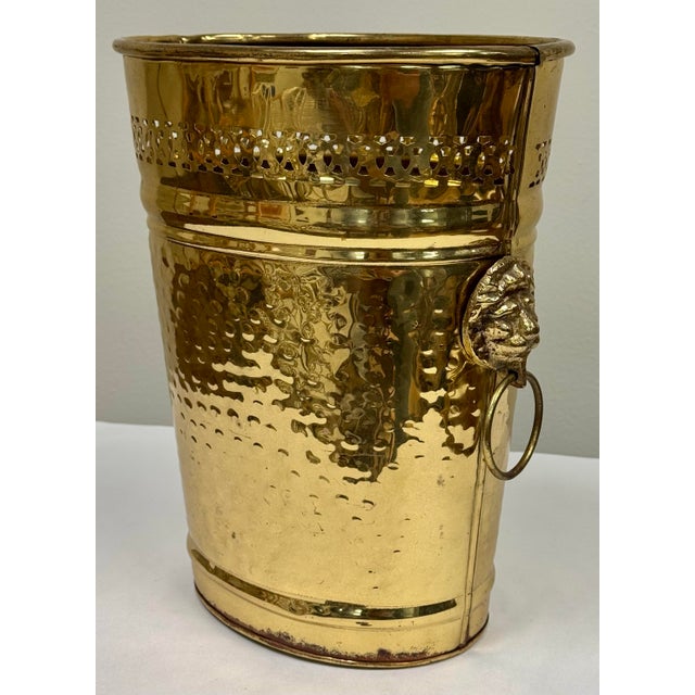 Vintage Hammered Brass Lion Handle Wastebasket or Umbrella Stand For Sale - Image 4 of 9