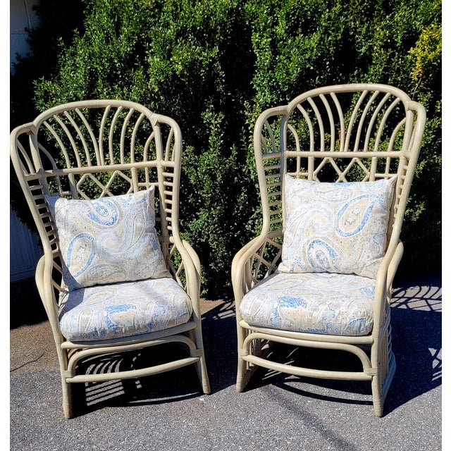 1970s 1970s Pair of Attributed Ficks Reed Rattan Wingback Chairs For Sale - Image 5 of 12