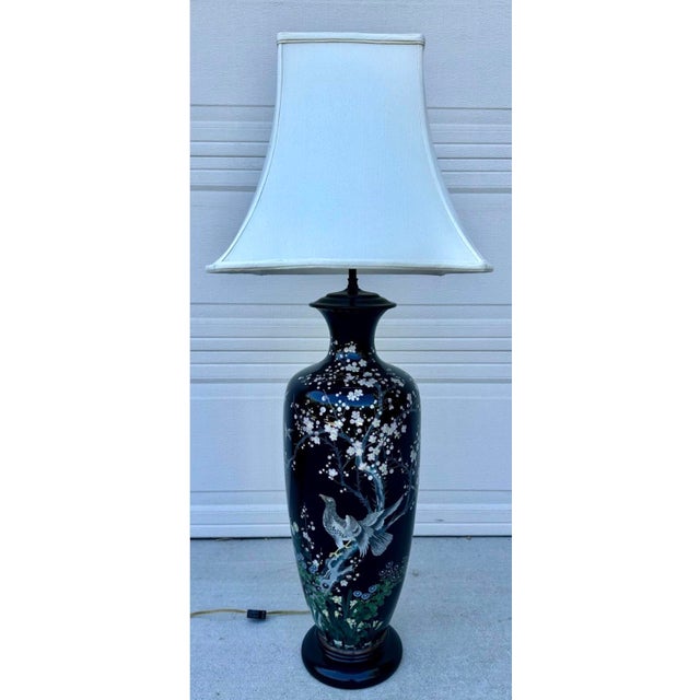 Late 19th Century Huge Meiji Japanese Cloisonné Black Ground Bird & Blossom Tall Table Lamp 40" For Sale - Image 4 of 18