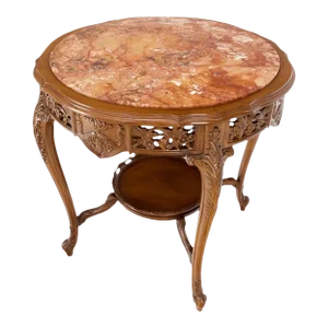 Carved Walnut Rouge Marble Top Lamp Side Occasional Table Stand Pedestal