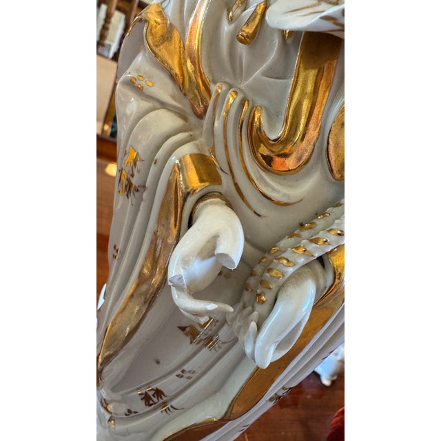 Vintage Porcelain Guanyin Statues - Quan Yin Gold Gilt L 18" Pair C1915 Rare For Sale - Image 10 of 18