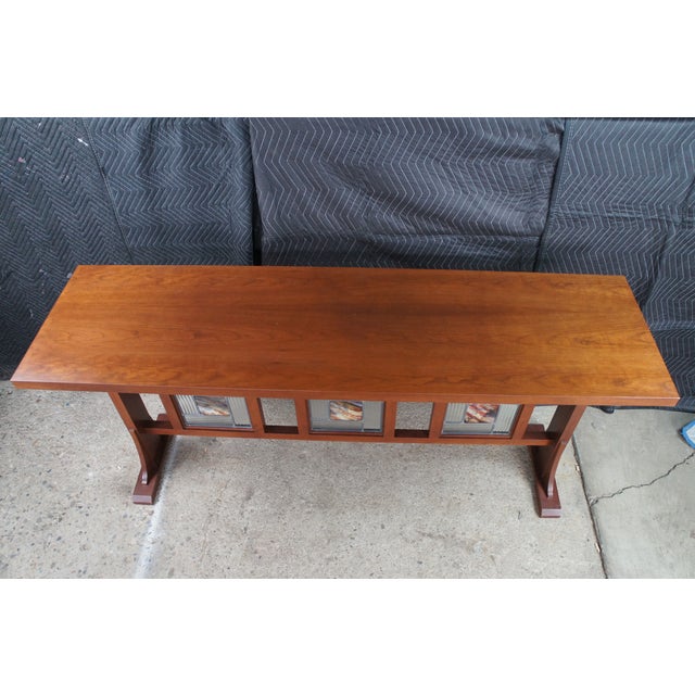 Late 20th Century Mission Arts & Crafts Leaded Stained Glass Cherry Console Hall Sofa Table 72" For Sale - Image 9 of 14