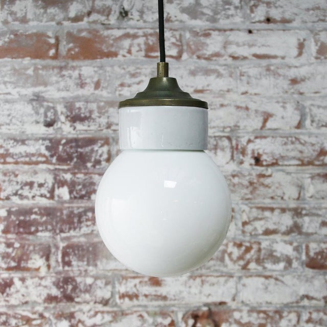Mid-Century Industrial White Porcelain, Opaline Glass, and Brass Pendant Lamp For Sale - Image 6 of 7