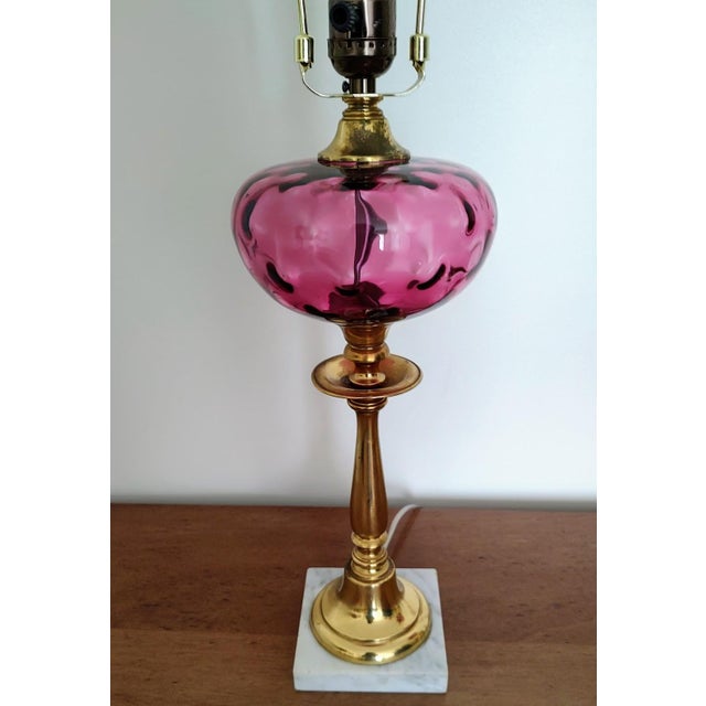 Brass 1950s Cranberry Glass and Brass Lamps With Morris Shade - a Pair For Sale - Image 8 of 11