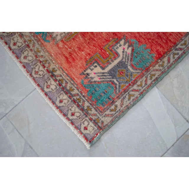 Red Small Vintage Turkish Oushak Rug 2x3 Hand Knotted Wool Red Teal Entryway Mat Handmade Doormat For Sale - Image 8 of 14