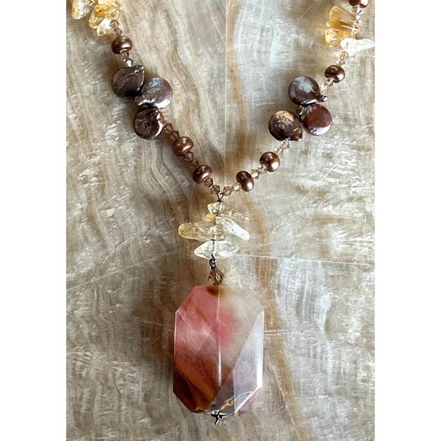 Pink Vintage Boho Multi-Gemstone Necklace With Pendant For Sale - Image 8 of 12