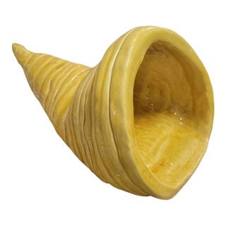Vintage Large High-Gloss Canary Yellow Ceramic Cornucopia / Horn of Plenty Vase & Centerpiece For Sale