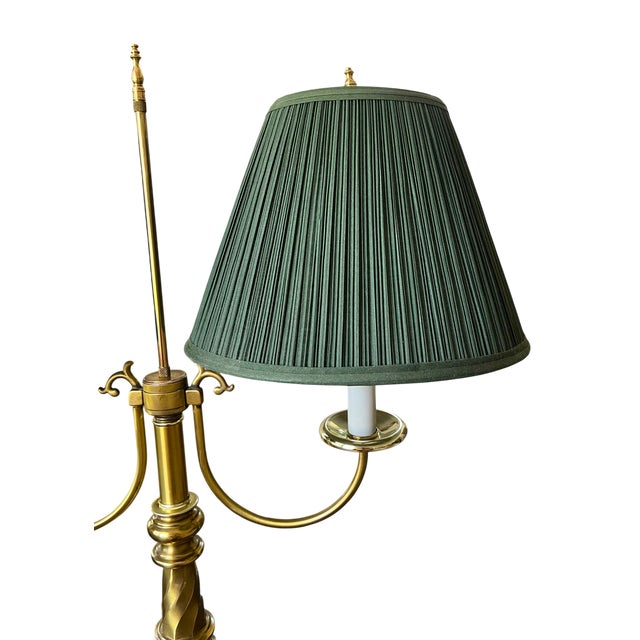 Metal Monumental Vintage Brass Bouillotte Table Lamp With Custom Hunter Green Pleated Shades — Ralph Lauren / Visual Comfort For Sale - Image 7 of 15