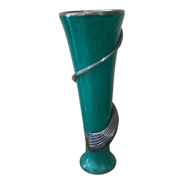 Vintage Deep Teal Murano Studio Art Glass Trumpet Vase With Spiraling Accent Signed by Artist For Sale