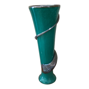 Vintage Deep Teal Murano Studio Art Glass Trumpet Vase With Spiraling Accent Signed by Artist