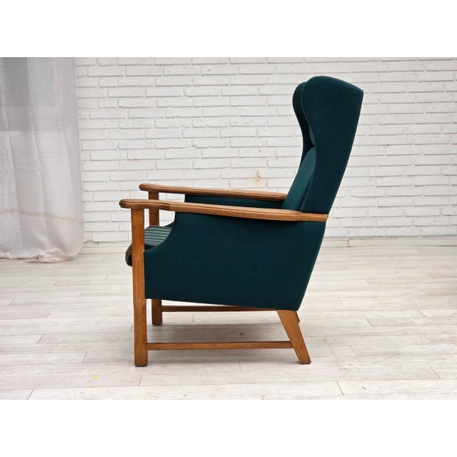 1970s Danish Highback Armchair in Turkis-Green Wool and Oak Wood, 1970s For Sale - Image 5 of 18