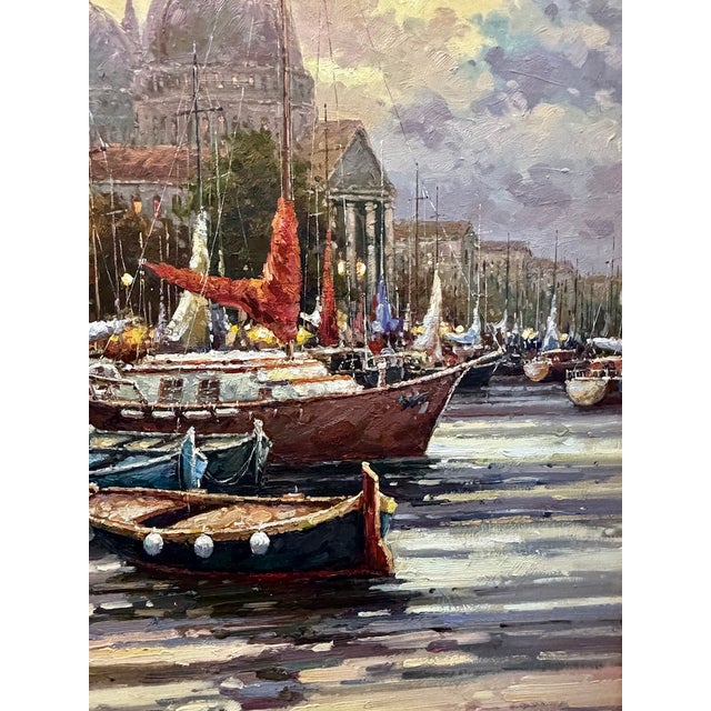 Large Vintage Signed Harbor Scene Painting For Sale In Atlanta - Image 6 of 13