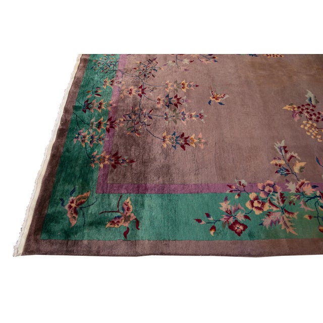 Antique Chinese Art Deco Rug - Plum & Jade Green Floral Wool 9x12 For Sale - Image 10 of 12