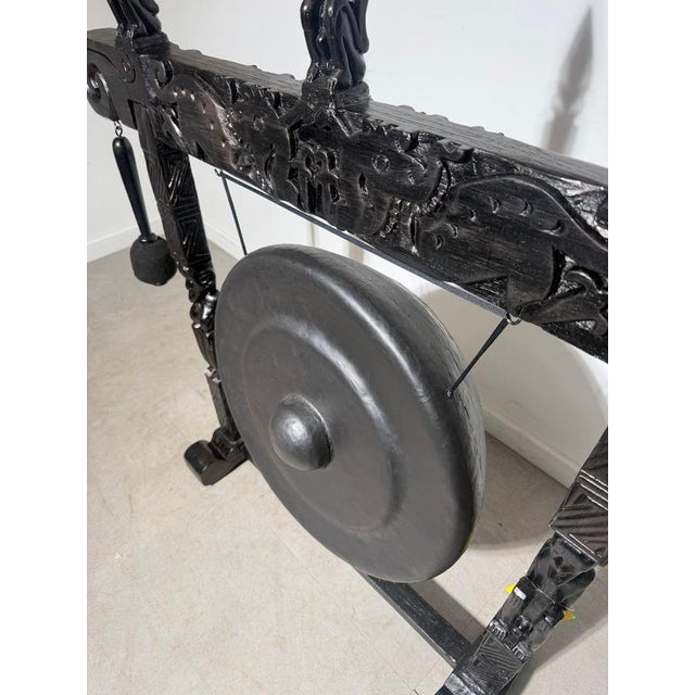 Large Gong with Carved Wooden Stand and Mallet For Sale - Image 5 of 9
