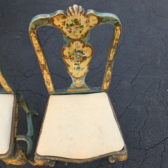 Antique Pair of Italian Venetian Rococo Revival Hand-Painted Polychrome and Parcel-Gilt Side Chairs With Floral Decoration, Circa 1920 For Sale - Image 10 of 13