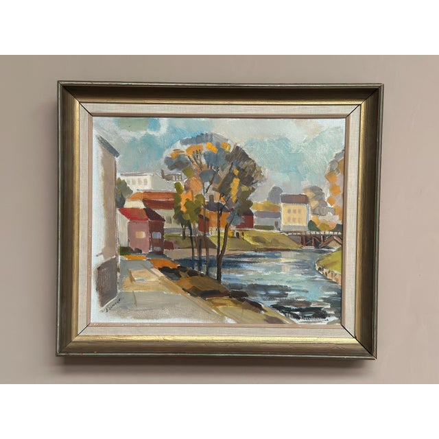 Mid-Century Modern B. Lundqvist, Riverside Village, 1960s, Oil on Canvas, Framed For Sale - Image 3 of 18