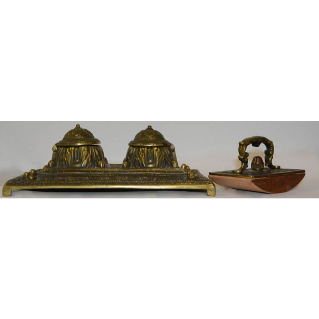 Victorian Victorian Bronze English Inkwell Set With Rocking Blotter For Sale - Image 3 of 11