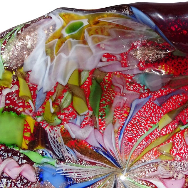Mid 20th Century Murano AVeM Vintage Red Millefiori Flowers Silver Flecks Rainbow Ribbon Italian Art Glass Bowl For Sale - Image 5 of 10