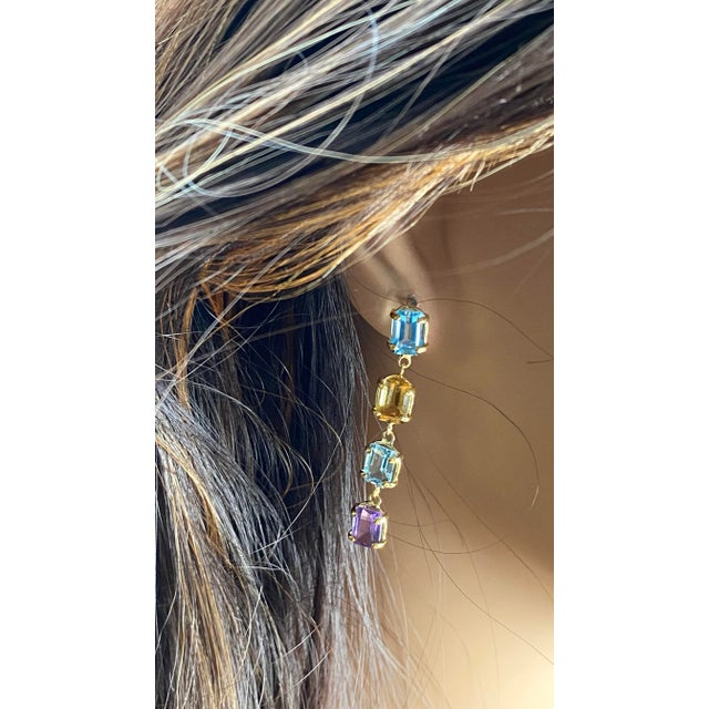 Gold 14k Gold 1.70 Inch Long Drop Earrings Emerald Shaped Blue Topaz Amethyst Citrine - 2 Pieces For Sale - Image 8 of 8