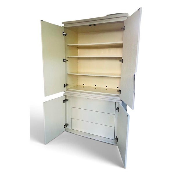 Contemporary Late 20th Century Contemporary White Painted Raffia-Clad Storage Cabinet Armoire With Adjustable Shelving & Hidden Drawers For Sale - Image 3 of 9