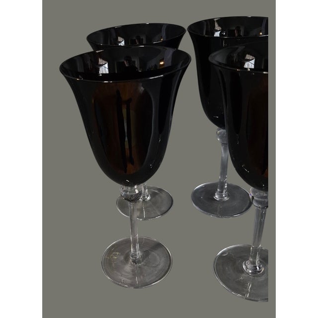 Mid-Century Modern Vintage Mid-Century Modern Black Dark Amethyst Clear Stem Goblets Glasses - Set of Six For Sale - Image 3 of 7