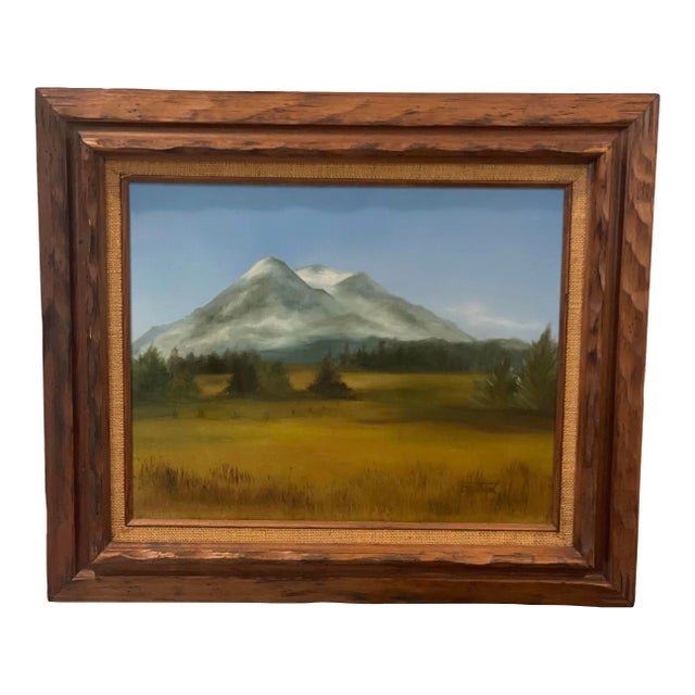 Mid 20th Century Original Signed Painting of a Mountain Range and Field For Sale