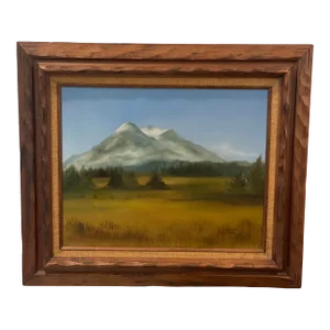 Mid 20th Century Original Signed Painting of a Mountain Range and Field