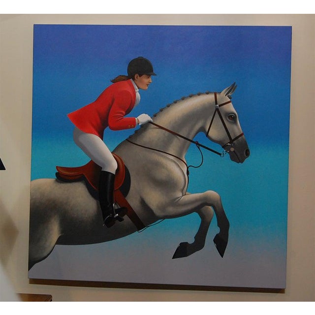 Spectacular painting in acrylic on canvas of a show jumper in action in beautiful vibrant colors by Lynn Curlee, fine...