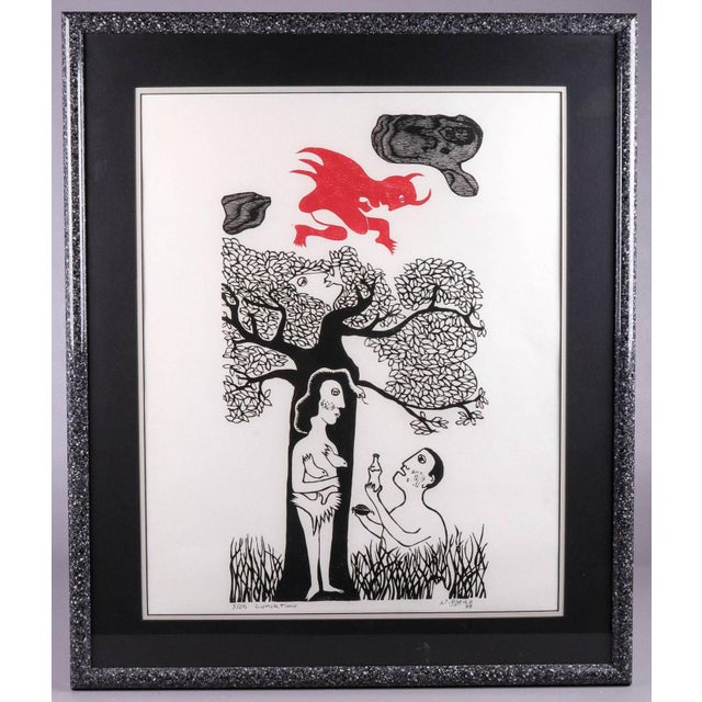 Naul Ojeda (Uruguay, 1939-2002) woodcut print "Lunchtime", woodcut on paper, pencil signed "N. Ojeda '88", edition 3/25,...