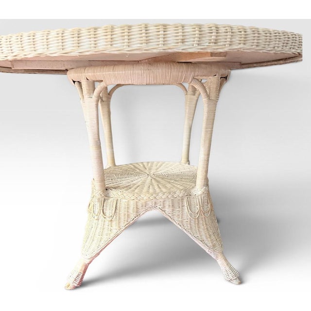 Wood Vintage Coastal White Wicker Round Dining Table With Inset Glass Top For Sale - Image 7 of 18