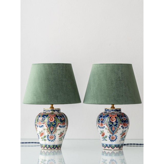 Vintage Delft Chinoiserie Table Lamps with Velvet Shades from Royal Tichelaar Makkum, 1940s-1960s, Set of 2 For Sale - Image 16 of 16