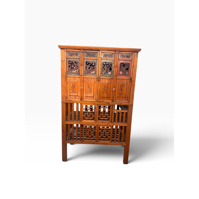 Chinese Vintage Chinese Carved Wood Food Cabinet With Figural Panels & Geometric Latticework For Sale - Image 3 of 14