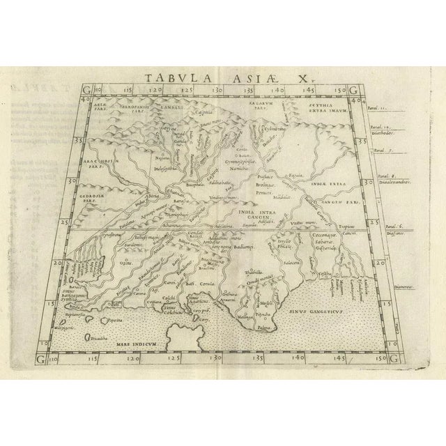 Antique map titled 'Tabula Asiae X'. This Ptolemaic map on a trapezoidal projection is centered on India with recognizable...