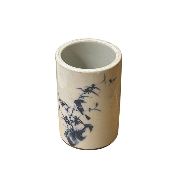 Ceramic Chinese Distressed White Porcelain Blue Flower Bird Graphic Holder Vase For Sale - Image 7 of 9