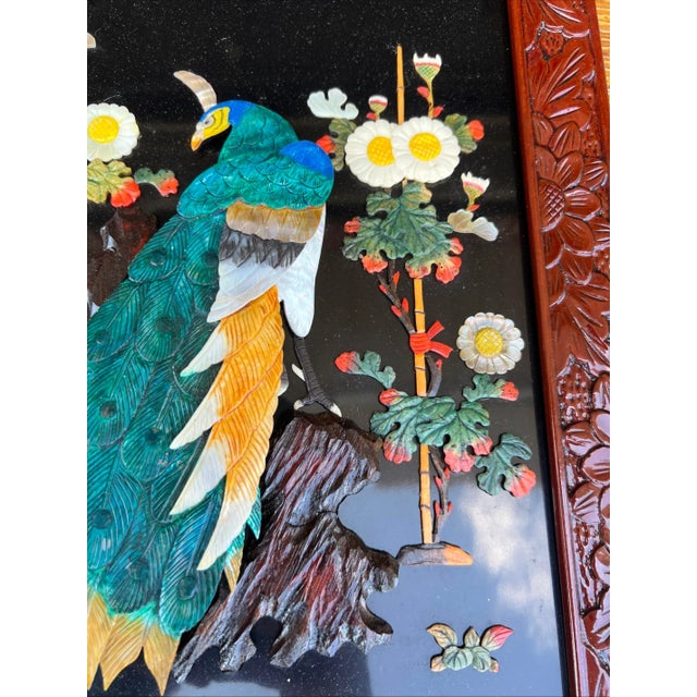 Green Vintage Chinese Carved Shell and Lacquer Peacock WallHang Artwork, Circa 1950’s For Sale - Image 8 of 18
